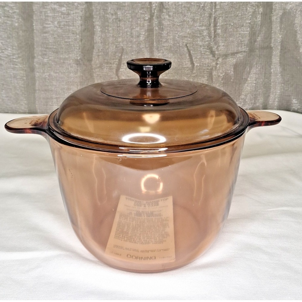 Visions Corning Ware Pyrex Cookware 3.5 Qt Large Glass Amber Pot Lid Pamphlet
